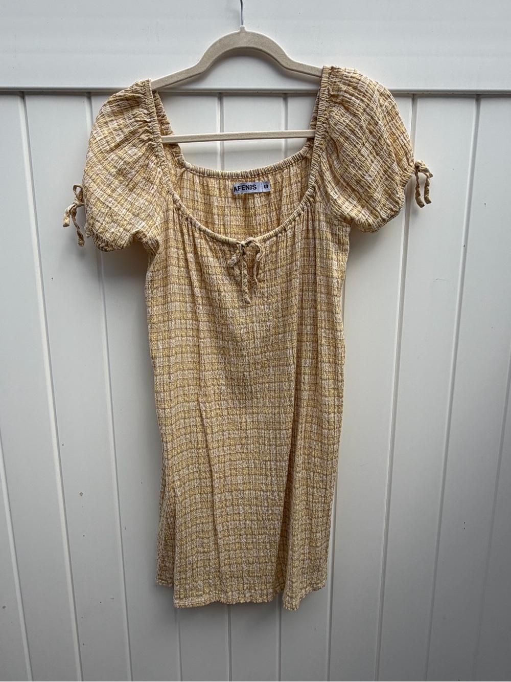 Afends Yellow Plaid Smocked Puff-Sleeve Dress